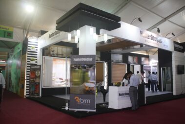 2 sided open exhibition booth for hunterdouglas by woodpeckersglobal