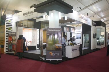 2 sided open exhibition booth for hunterdouglas by woodpeckersglobal