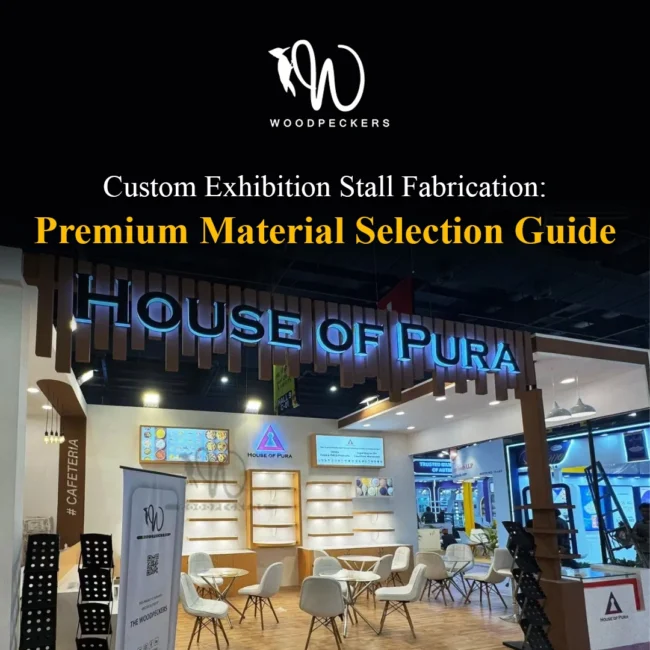 Custom Exhibition Stall Fabrication and Material Selection Guide – House of Pura Booth Custom fabricated exhibition stall for House of Pura by Woodpeckers, featuring back-lit 3D acrylic signage, vertical wooden louvers, downlit display shelving, and modern discussion seating.