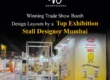Trade show booth layout designed by Woodpeckers for Gujjuben and Indiawala at a food expo in Mumbai, featuring glass product display towers, vibrant branded pillars, and visitor seating.