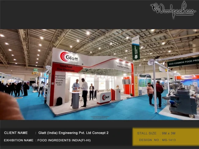 Custom Exhibition Stand Build for Trade Shows in Dubai Spacious 9x3 meter custom exhibition booth designed by Woodpeckers for Glatt (India) Engineering at a major food ingredients trade expo.