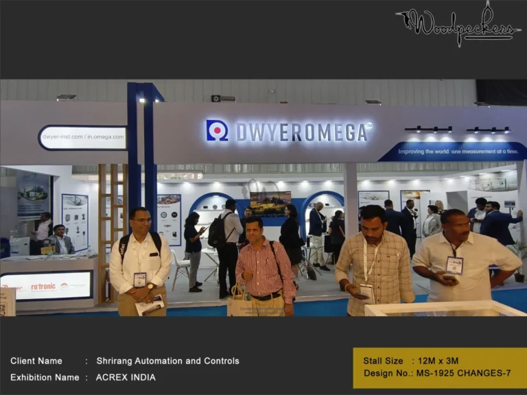 Spacious 12x3 meter custom exhibition booth designed by Woodpeckers for Shrirang Automation and Controls (DwyerOmega) at ACREX India trade show.