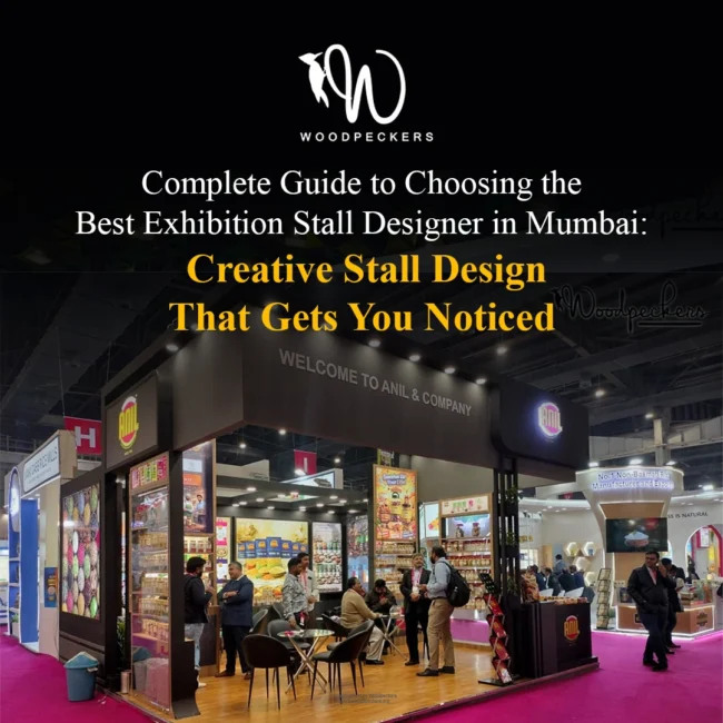Exhibition Stall Designer in Mumbai – Creative Stall Fabrication by Woodpeckers Creative exhibition stall designed by Woodpeckers for Anil & Company at a trade show, featuring custom display shelving, illuminated signage, and an interactive visitor meeting area.